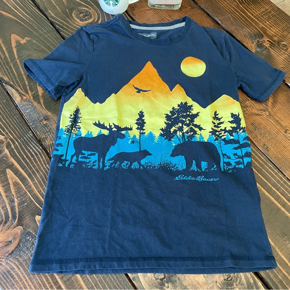 *SALE* Eddie Bauer Boys Nature Outdoors Wilderness Navy Blue T-shirt Large (14)